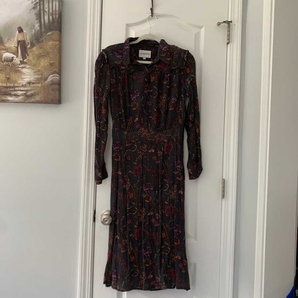 Antik Batik Floral Midi Dress Long Sleeve Ruffle Collar Dark Grey Boho Small 38